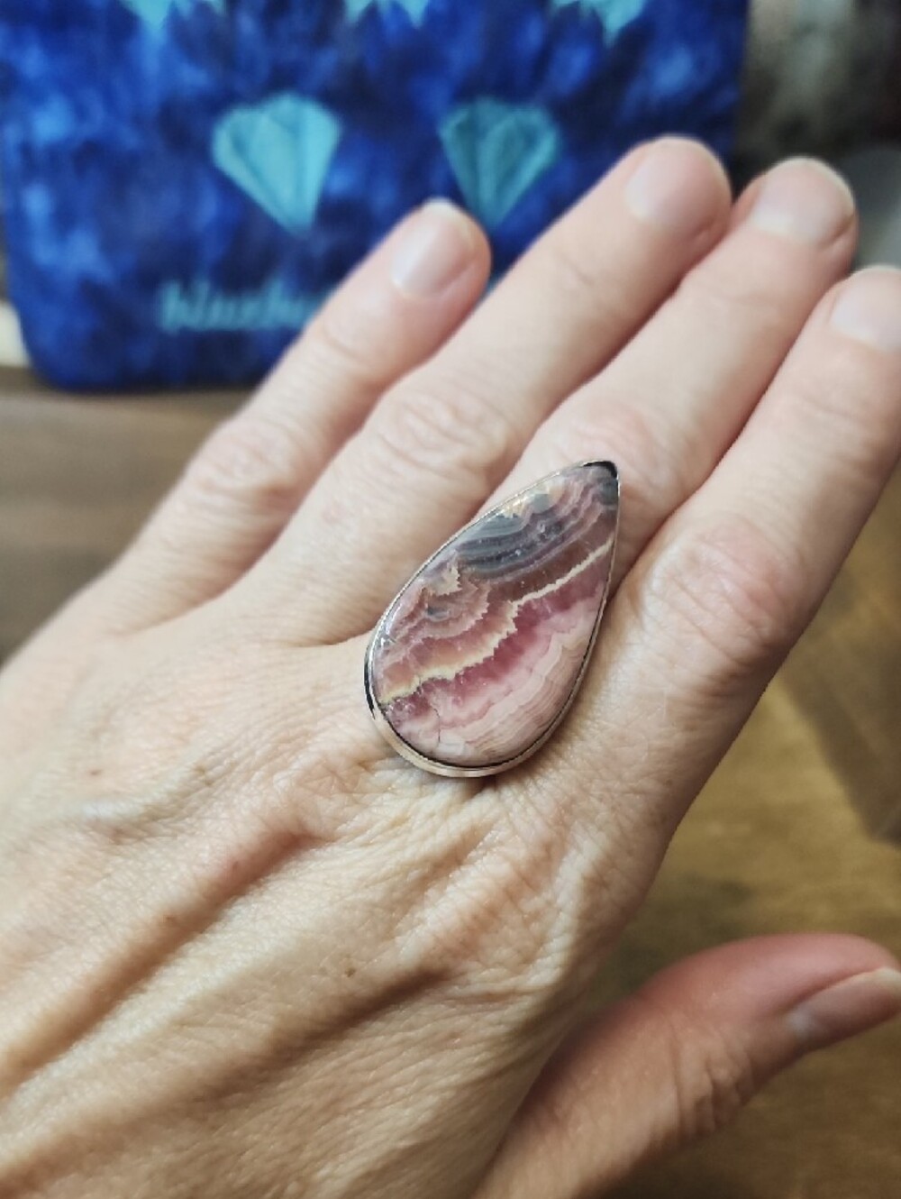 Teardrop Pink Rhodochrosite Statement Ring - - Picture 3 of 5